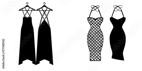 A fashion flat technical drawing template for a Straps Dress includes a halter, bias cut, maxi style, and front and back views in white and mocha, alongside a Slip Dress with a geometrical pattern,