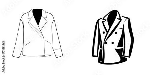 A fashion template featuring a long sleeve long coat jacket with a double breast and buttoned front in a technical flat sketch