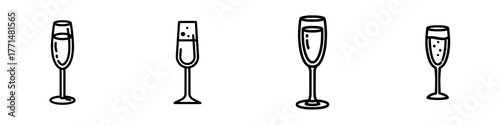Champagne glass symbol, representing alcohol and cocktail beverages on a menu, featuring modern glass drink designs and illustrations