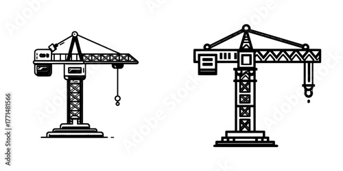 Black and white flat art icon of a construction crane isolated