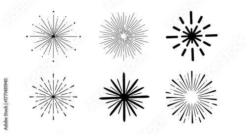 Collection of geometric starburst and firework burst shapes. Abstract radial line vector graphic elements for design