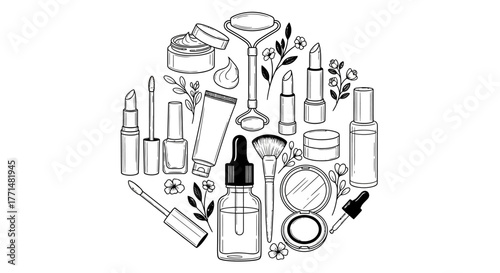 A collection of cosmetic items and beauty products arranged in a circular pattern for marketing or design purposes