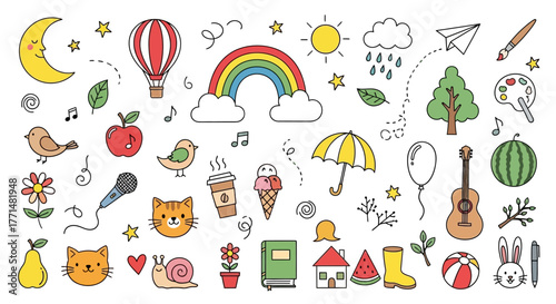 Charming collection of hand-drawn doodle icons, featuring a whimsical assortment of everyday objects, nature elements, and cute characters in a playful line art style for creative projects