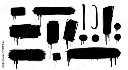 A versatile set of black spray paint graffiti shapes, including drips, splatters, and strokes. Urban street art graphic elements for creative design
