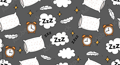 Seamless pattern of sleep time elements with cute pillows, alarm clocks, and Zzz symbols on a gray background. Vector illustration for bedtime concept