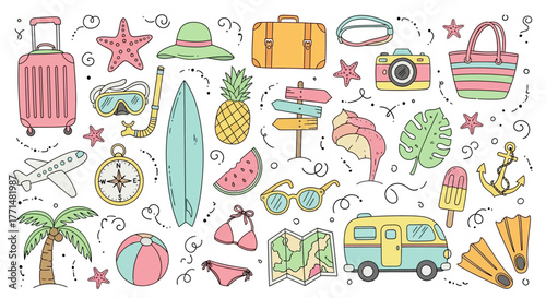 Summer Travel Icons A Collection of Vacation and Beach Themed Illustrations for Design