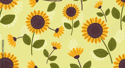 Seamless Pattern of Cheerful Sunflowers on a Yellow Background