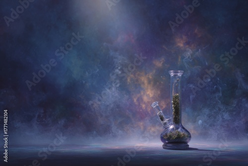 Yellow-purple smoke, from a glass smoking device. Generative AI