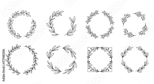 Collection of decorative hand-drawn floral and leaf wreaths and frames in a minimalist black and white design
