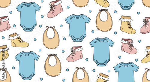 Seamless pattern featuring baby clothes and accessories, ideal for baby shower themes and designs