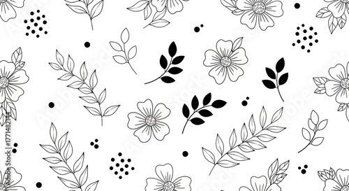 Elegant Hand-Drawn Floral Pattern with Delicate Leaves and Buds on a White Background