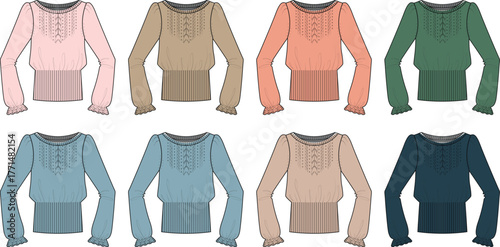 Fashion design template set of a women's long-sleeve peasant blouse with a smocked waist. Technical flat sketch vector illustration in multiple colorways for apparel