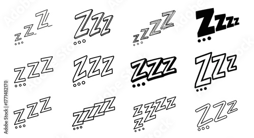 Graphic collection of various ZZZ sleep symbols. Hand-drawn comic style elements representing snoring, dozing, or being tired, isolated on white