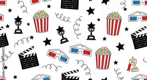 Seamless doodle pattern of cinema entertainment elements with popcorn, 3d glasses, and film awards on a white background