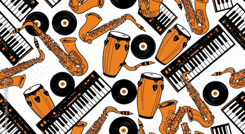 Musical Instrument Pattern Piano, Saxophone, Drums, and Vinyl Records on White Background
