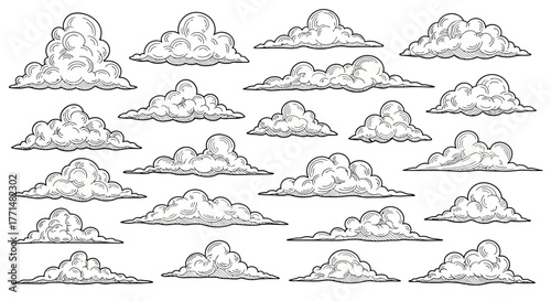 Vintage Clouds Vector Set Engraved Illustration of Sky Elements
