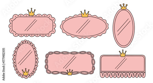 A charming collection of elegant pink decorative frames and princess mirrors, each adorned with a golden crown, perfect for royal-themed designs, wedding invitations, or feminine graphic projects