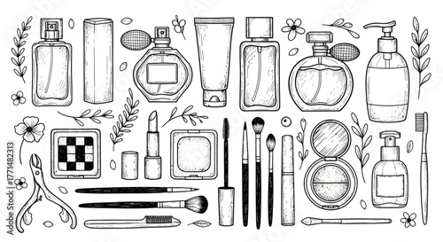 Hand-drawn vector illustration of various cosmetic products and beauty accessories, perfect for beauty blogs and makeup tutorials