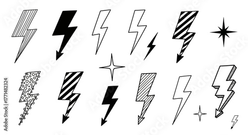 Diverse collection of hand-drawn lightning bolts and energy symbols in various sketch styles, perfect for graphic design elements, representing power, speed, and electricity