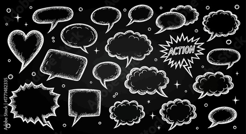 Dynamic collection of hand-drawn white chalk speech and thought bubbles on a dark blackboard background, ideal for comic elements, social media communication, and vintage design projects