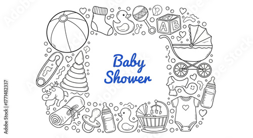 Delightful black outline illustration of diverse baby essentials and toys creating a festive frame for a 'Baby Shower' event, perfect for announcing new arrivals and celebrations