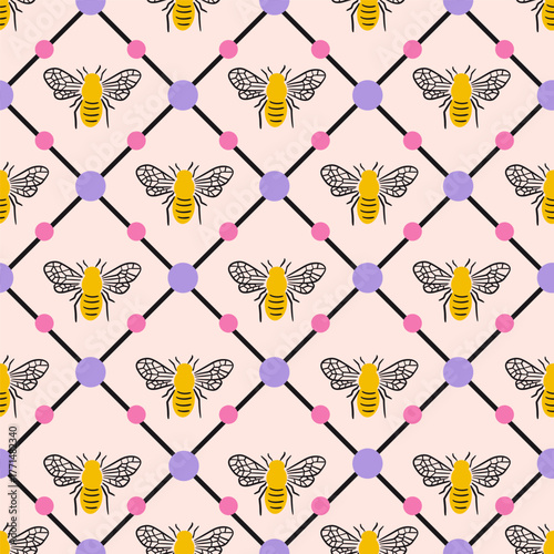 Bees inside Checks Vector Seamless Pattern