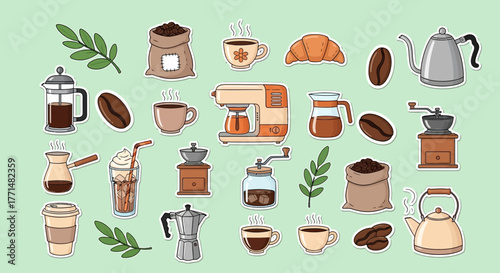 Coffee Time Stickers Variety of Coffee Drinks, Beans and Utensils