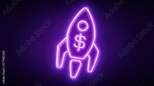 Glowing neon rocket ship with dollar sign for financial concepts