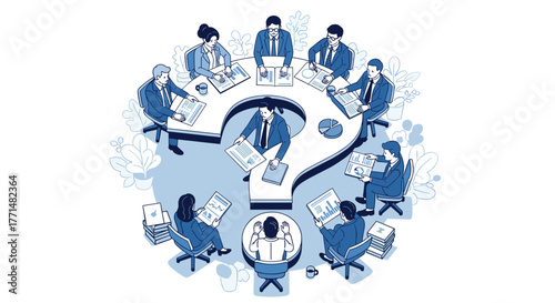 Dynamic team brainstorming around a question mark table for creative problem solving, business strategy, and collaborative decision making