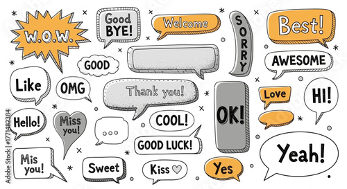 Collection of Speech Bubbles with Various Words and Exclamations for Communication and Expression