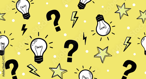 Whimsical Illustration Featuring Lightbulbs, Question Marks, and Stars on a Yellow Background