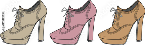 Elegant collection of women's lace-up platform high heels in various colors. Fashion footwear illustration isolated on white