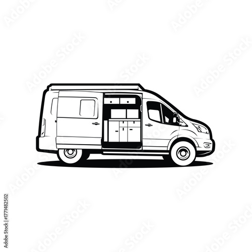 Campervan motorhome RV caravan recreation vehicle side view monochrome vector isolated