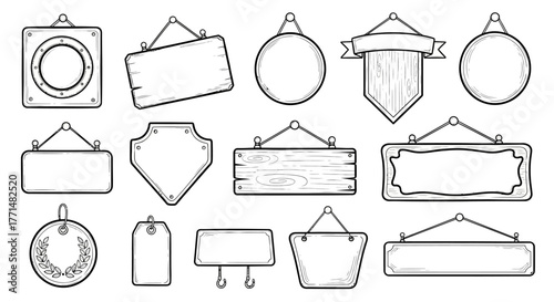 Set of Hand-Drawn Hanging Signs and Wooden Signboards