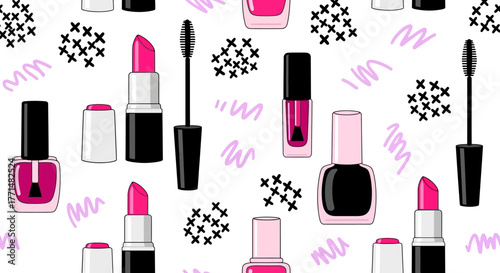 Seamless pattern of makeup essentials like lipsticks, nail polish, and mascara, on a white background with abstract doodles