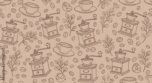 Vintage Coffee Pattern with Grinders, Beans and Cups Illustration