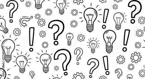 A Pattern of Bright Light Bulbs and Question Marks Symbolizing Ideas, Solutions, and Queries