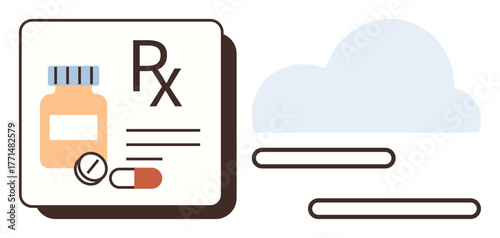 Medication bottle, pill, capsule, and Rx sign with a cloud symbolizing online pharmacy access. Ideal for healthcare, e-prescription, telemedicine, digital innovation, medical technology health apps