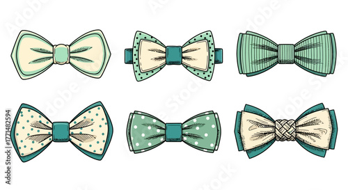 A stylish collection of six vintage-inspired hand-drawn bow ties in green and cream hues, presented as a vector graphic set