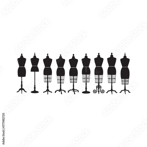 Illustration of row of black mannequin silhouettes for fashion design and sewing projects