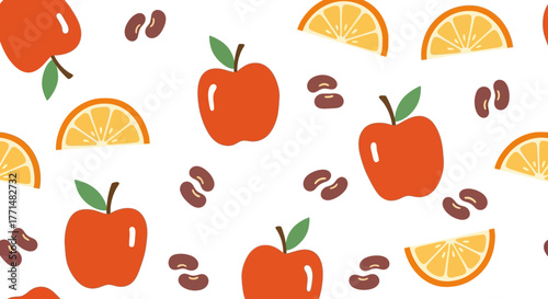 Vibrant seamless pattern featuring fresh red apples, juicy orange slices, and wholesome brown beans scattered across a clean white background, perfect for healthy food branding or fabric design