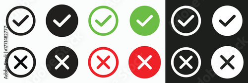 Checkmark and Cross Icon Set — Tick and Cancel Symbols in Black, Green, and Red Circles on Light and Dark Backgrounds