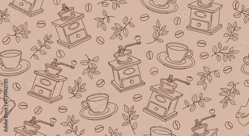 Retro coffee shop wallpaper design featuring manual grinders, coffee cups, and beans in a seamless doodle pattern