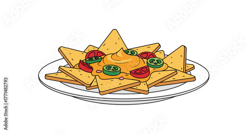 Delicious plate of nachos with melted cheese, tomatoes and jalapenos ready to eat, perfect for a snack or party appetizer, great for food blog