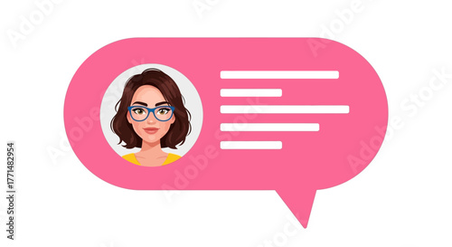 A modern vector illustration of a woman's avatar with glasses inside a pink speech bubble, symbolizing online chat, social media messaging, or a user comment