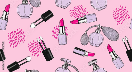 Seamless pattern of vintage perfume bottles and lipstick on a pink background with abstract doodles