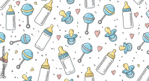 Cute Baby Bottle, Pacifier, and Rattle Pattern Adorable Newborn Essentials Seamless Design