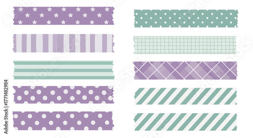 Collection of decorative purple and mint green patterned washi tapes for crafting and scrapbooking