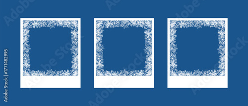 Snowflake photo frame set, snow Christmas New Year decoration, white frame with snowflakes inside, 2026, Happy New Year card border with many snowflakes. Merry christmas festival elegant banner