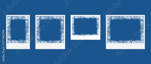 Snowflake photo frame set, snow Christmas New Year decoration, white frame with snowflakes inside, 2026, Happy New Year card border with many snowflakes. Merry christmas festival elegant banner